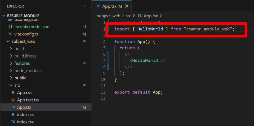Utilizing HelloWorld Component from common module web | Explore Common Components in React TypeScript with Liferay's Utilizing HelloWorld Component from common_module_web