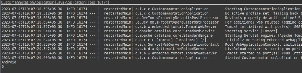 console result | Custom Annotations in Spring Boot Terminal result snapshot
