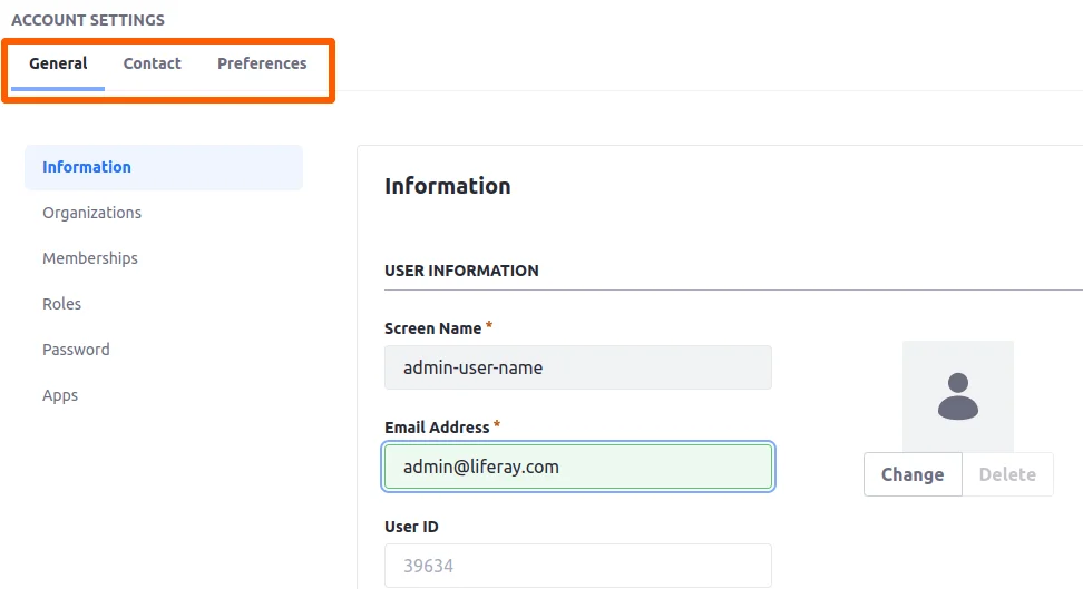 Admin account details screen | Liferay User setting navigation override Admin account details screen