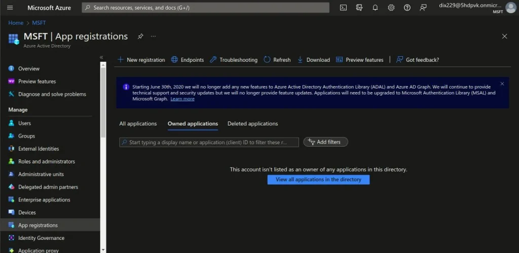 App registrations panel in Azure | Microsoft Teams integration with Liferay App registrations panel in Azure