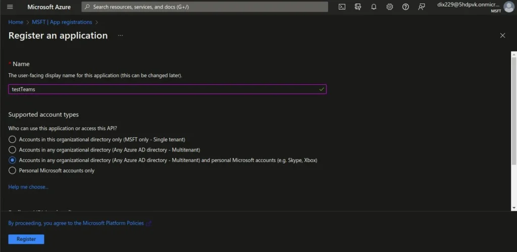 Create app name and account types e1737976843847 | Microsoft Teams integration with Liferay Create app name and account types