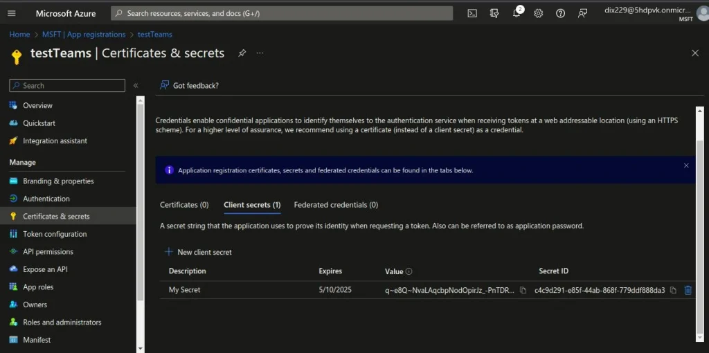 Details related to client secret | Microsoft Teams integration with Liferay Details related to client secret