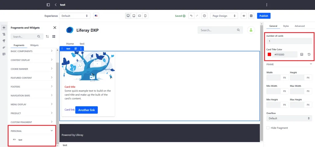 Editable card component with text image | Fragments in Liferay Editable card component with text, image