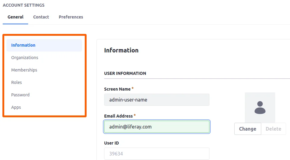 Exploring all features of admin account | Liferay User setting navigation override Admin account details screen