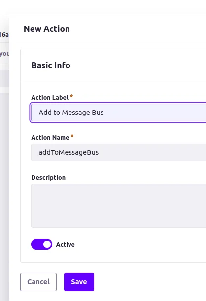 Filling basic details of action | Liferay Objects with Message bus Filling basic details of action