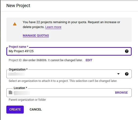 Filling details of new project | Google Meet integration with Liferay Filling details of new project