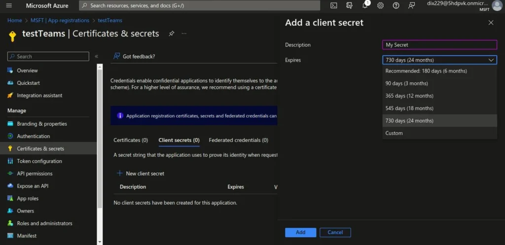 Generate client secret via new button e1737976905411 | Microsoft Teams integration with Liferay Generate client secret via new button