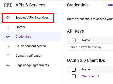 Google Cloud navigation to Enabled API Services | Google Meet integration with Liferay Google Cloud navigation to Enabled API & Services