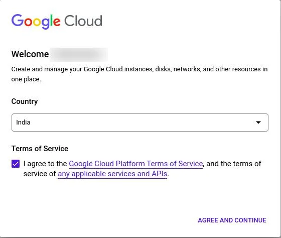 Google Cloud terms and service screen | Google Meet integration with Liferay Google Cloud terms and service screen