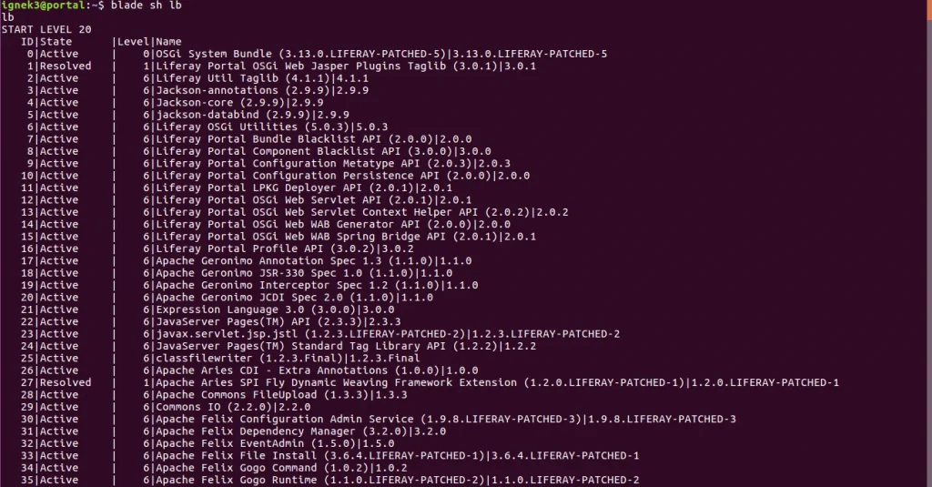 Installed bundles listed in terminal | Gogo shell in Liferay 7.2 Installed bundles listed in terminal