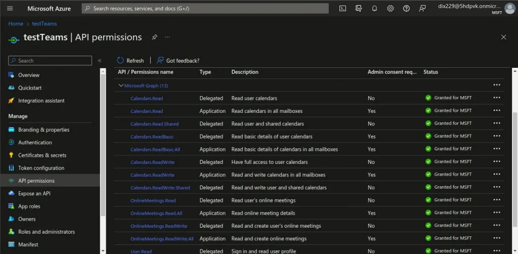 List of permissions for calendar and email | Microsoft Teams integration with Liferay List of permissions for calendar and email