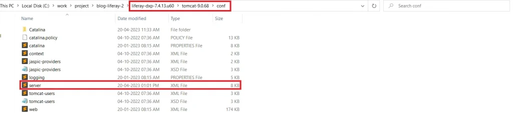 Locating server file in conf folder of Liferay tomcat | Start two or more Liferay servers simultaneously on a machine Locating server file in conf folder of Liferay tomcat
