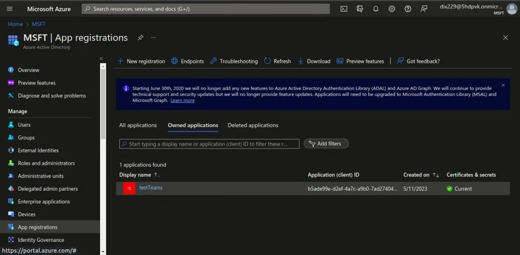 MSFT app registration screen | Microsoft Teams integration with Liferay MSFT app registration screen