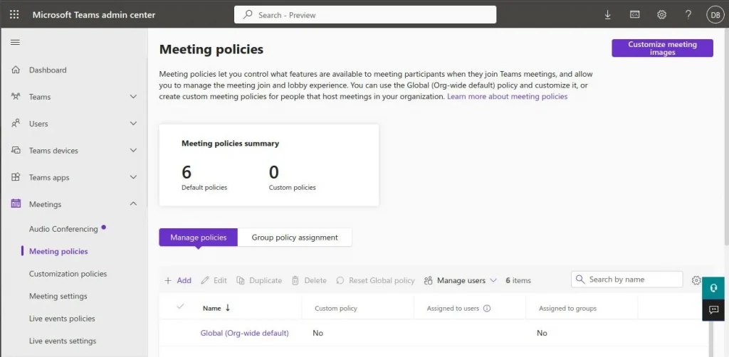 Manage Meeting Policies screen | Microsoft Teams integration with Liferay Manage Meeting Policies screen