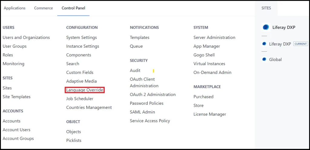 Navigate to language Override in control panel | Create/Override the language key using Liferay OOTB Navigate to language Override in control panel