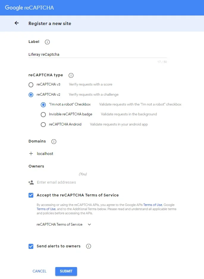 Retrieve keys from Google reCAPTCHA | Use CAPTCHA or reCAPTCHA with custom portlet in Liferay Retrieve keys from Google reCAPTCHA