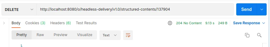 Sending deletes web content and getting 204 response | Manage Web Content with Postman and Liferay's Headless API Sending deletes web content and getting 204 response