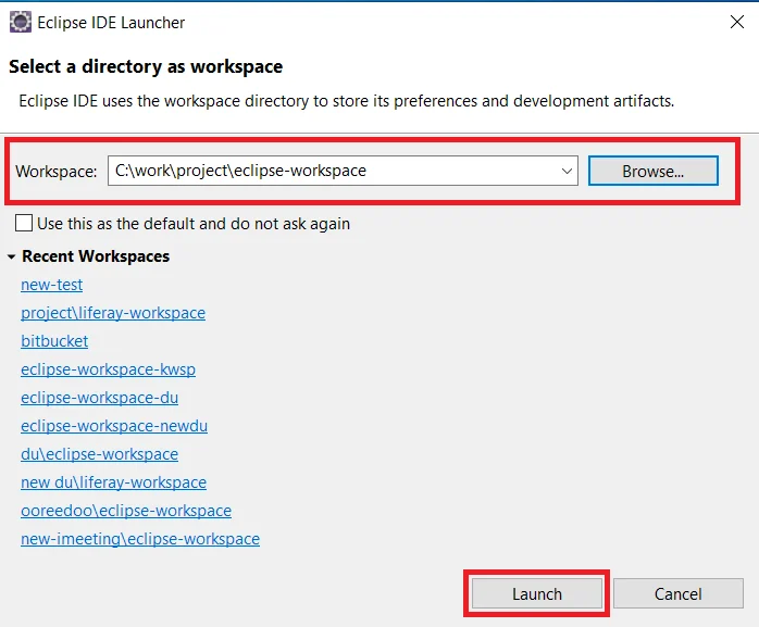 Step to select Eclipse workspace | REST Builder in Liferay 7.x Step to select Eclipse workspace