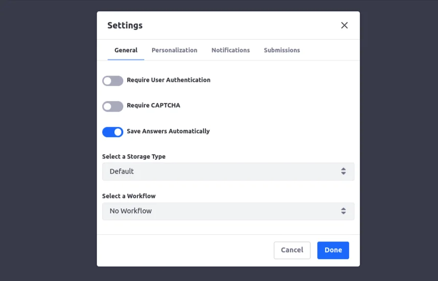 Storage type settings icon popup description | Liferay Objects with Liferay forms Storage type settings icon popup description