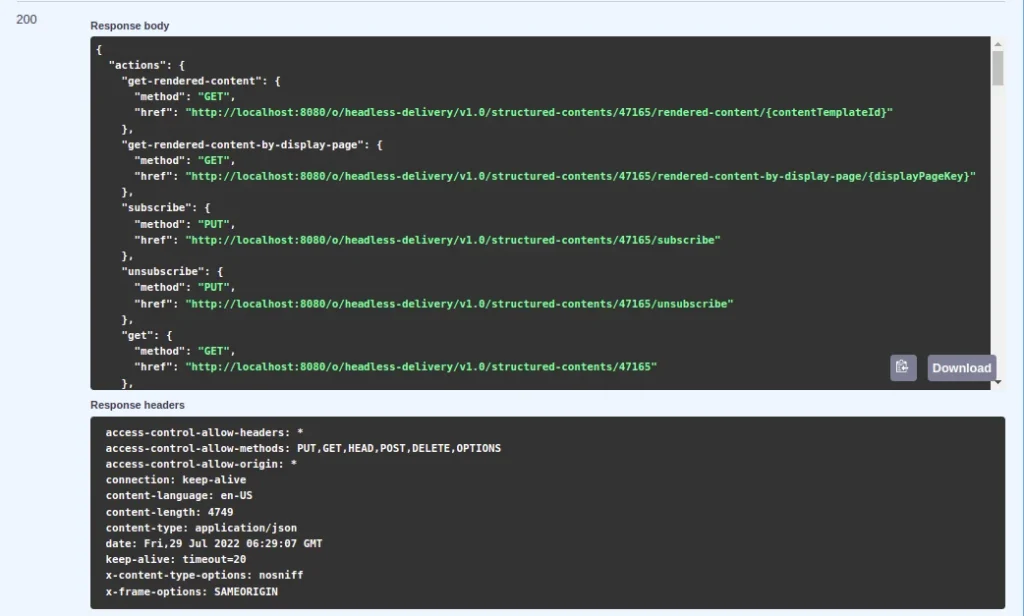 Structured content API response body with JSON format | Manage Web Content with Postman and Liferay's Headless API Structured content API response body with JSON format
