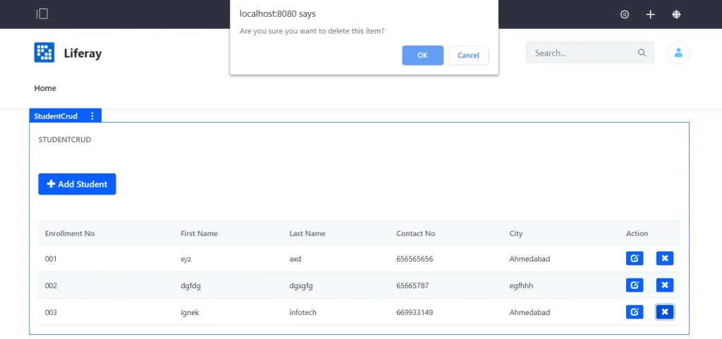 Student details delete alert | CRUD Operations in Liferay Portlet with custom entity Student details delete alert