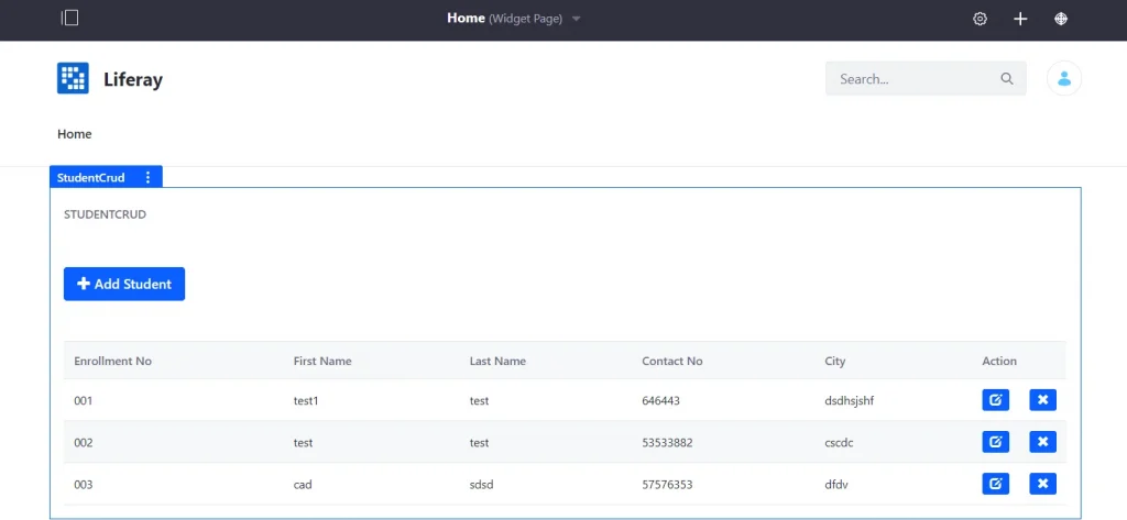 Student details list page | CRUD Operations in Liferay Portlet with custom entity Student details list page
