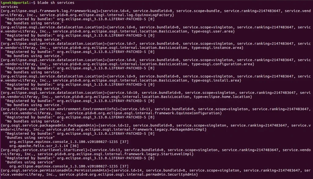 Terminal showcases registered module services | Gogo shell in Liferay 7.2 Terminal showcases registered module services
