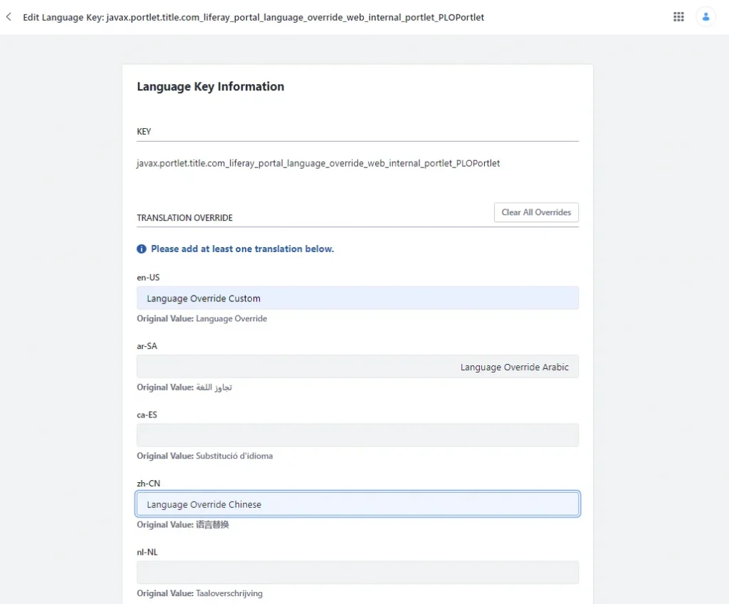 Translate language overrides | Create/Override the language key using Liferay OOTB Translate language overrides