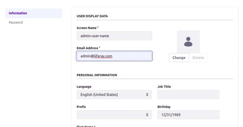 User display data of a user | Liferay User setting navigation override User display data of a user