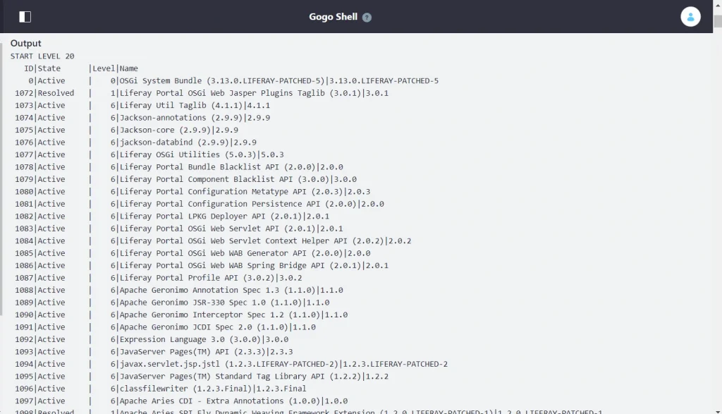 User interface of Gogo Shell in Liferay | Gogo shell in Liferay 7.2 User interface of Gogo Shell in Liferay