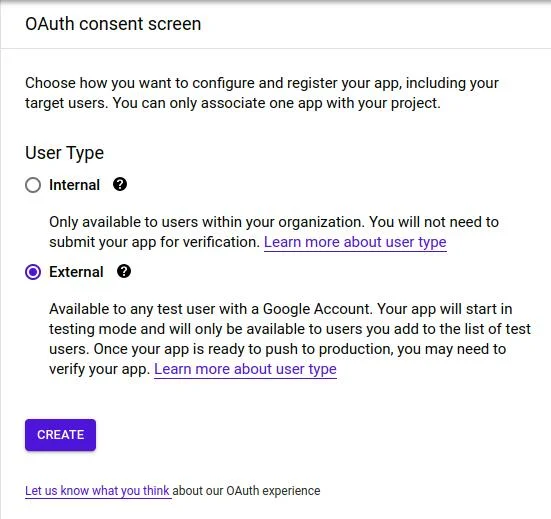 User type of OAuth constant screen | Google Meet integration with Liferay User type of OAuth constant screen