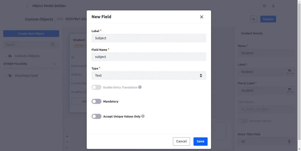 Add field in object | Overview of Object Model Builder Add field in object