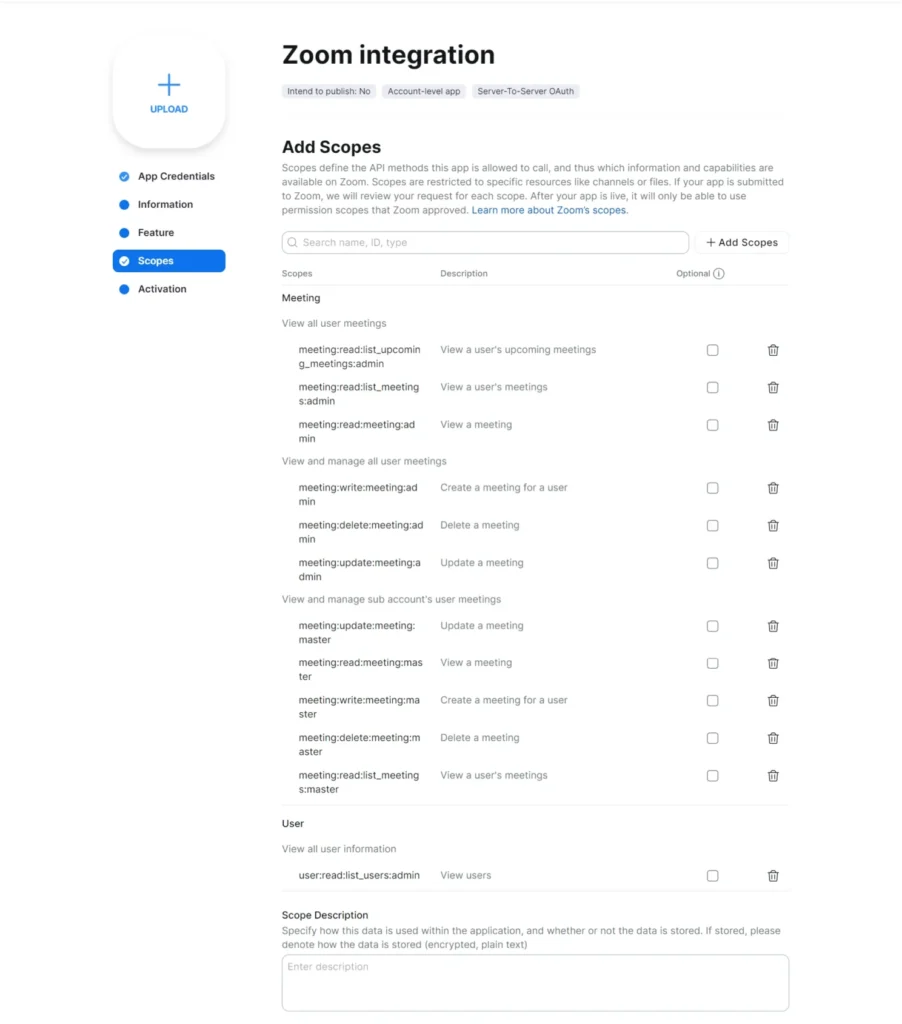 Add scopes in server to server app scaled e1721027617406 | Zoom integration with Liferay Add scopes in server to server app