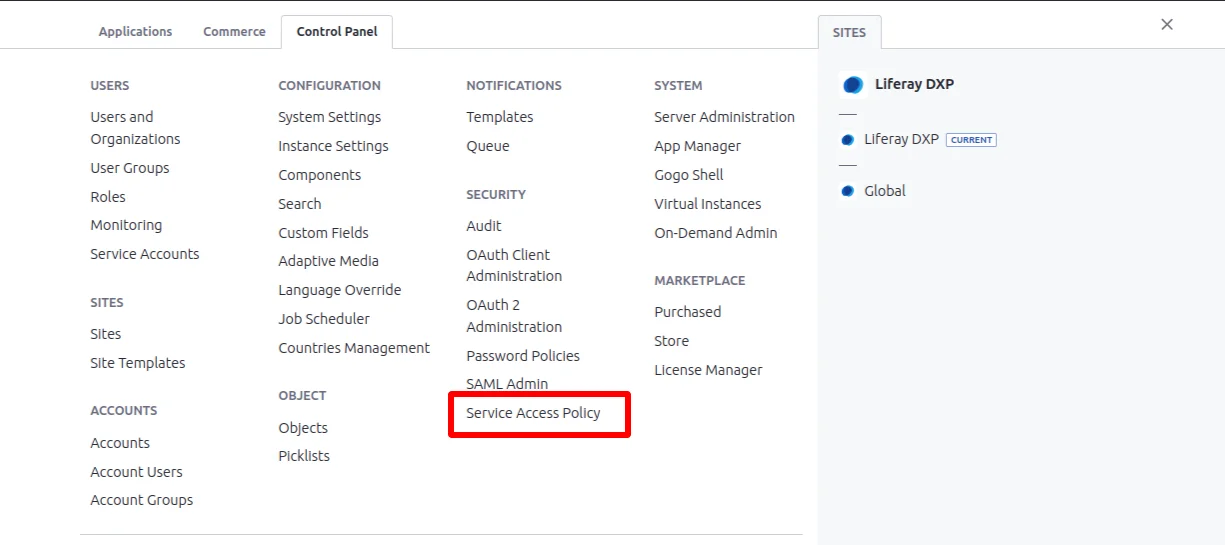 Control Panel SAP | Service Access Policy in Liferay Control_Panel_SAP